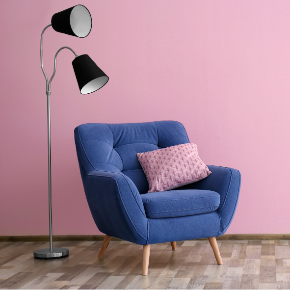 floor lamp, sofa and pink wall